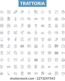 Trattoria line icons, signs set. Restaurant, Italian, Pizza, Pasta, Cuisine, Trattoria, Lunch, Dinner, Food outline vector illustrations.