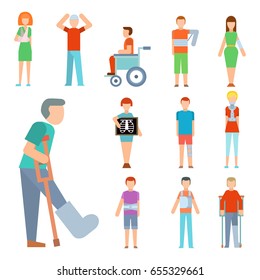 Trauma accident fracture human disabled people vector silhouette cartoon flat style illustration.