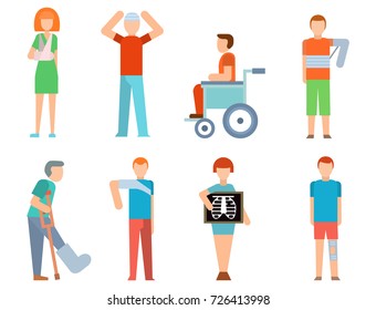 Trauma accident fracture human disabled people vector silhouette cartoon flat style illustration.