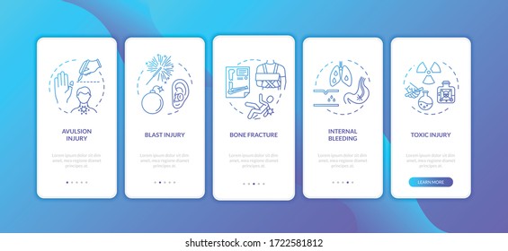 Trauma, avulsion and blast onboarding mobile app page screen with concepts. Fracture and internal bleeding walkthrough 5 steps graphic instructions. UI vector template with RGB color illustrations