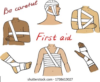 Trauma bandaging technique, first aid medical emergency. Vector hand drawn of people bandage and guide for leg, arm, head, ribs fracture injury. 