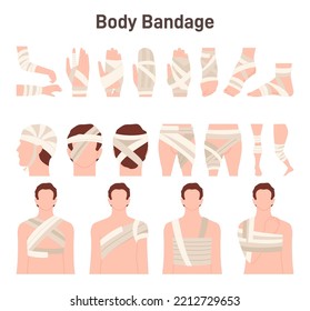 Técnica de vendaje de trauma, conjunto de primeros auxilios. Partes del cuerpo humano heridas en vendas. Guía para heridas de pierna, brazo y cabeza, fracturas y cortes de tratamiento. Ilustración vectorial plana