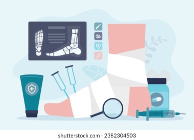 Trauma, broken giant leg at traumatologist appointment. Traumatologist researching skeleton and bones. Diagnosis and treatment, health care. flat vector illustration