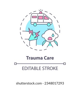 Trauma care concept icon. Urgent help. Traumatic event. Injured kid. Healthcare provider. Emergency medicine abstract idea thin line illustration. Isolated outline drawing. Editable stroke