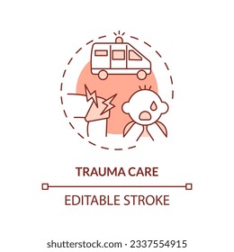 Trauma care red concept icon. Urgent help. Traumatic event. Injured kid. Healthcare provider. Emergency medicine abstract idea thin line illustration. Isolated outline drawing. Editable stroke