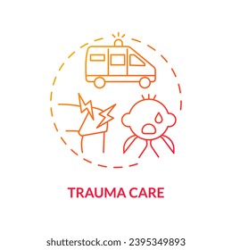 Icono de concepto de gradiente rojo para el tratamiento del trauma. Ayuda urgente. Suceso traumático. Niño herido. Proveedor de atención médica. Ilustración de la línea delgada de la idea abstracta de la medicina de emergencia. Esquema aislado