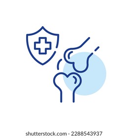 Trauma emergency room insurance coverage. Bones and joint. Shield and cross. Pixel perfect, editable stroke line icon