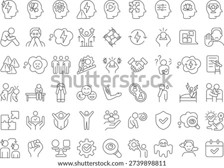 Trauma informed care line icons set. Personal depression, medical therapy. Mental energy. Personal growth. Isolated vector outline illustrations. Thin lineart iconset symbols. Editable stroke