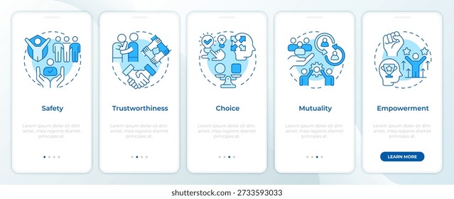 Trauma informado princípios de cuidado azul onboarding tela do aplicativo móvel. Instruções gráficas editáveis de 5 passos com conceitos lineares. IU, UX, GUI