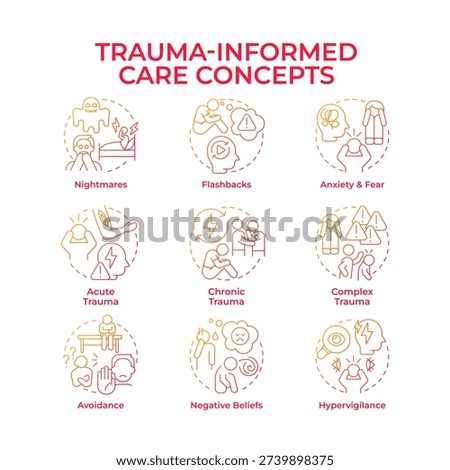Trauma informed care red gradient concept icons. Psychological issues. Mental health, negative thoughts. Icon pack. Vector images. Round shape illustrations for brochure, booklet. Abstract idea
