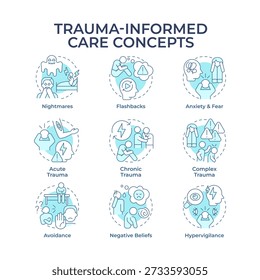 Trauma informed care soft blue concept icons. Psychological issues. Mental health, negative thoughts. Icon pack. Vector images. Round shape illustrations for brochure, booklet. Abstract idea
