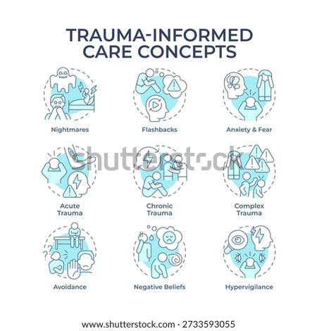 Trauma informed care soft blue concept icons. Psychological issues. Mental health, negative thoughts. Icon pack. Vector images. Round shape illustrations for brochure, booklet. Abstract idea