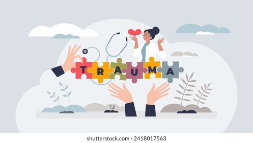 Trauma informed care with understanding about patient body health condition tiny person concept. Complex medical treatment and therapy with professional specialist support vector illustration.