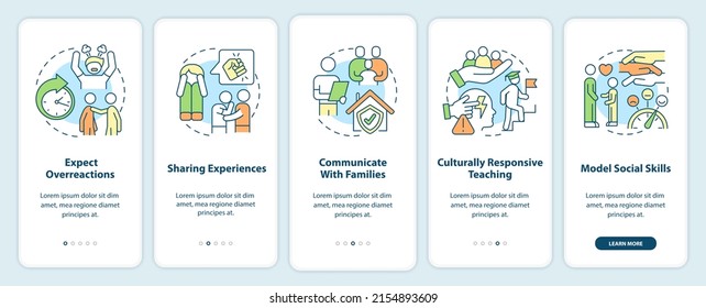 Trauma informed teaching onboarding mobile app screen. Education trends walkthrough 5 steps graphic instructions pages with linear concepts. UI, UX, GUI template. Myriad Pro-Bold, Regular fonts used