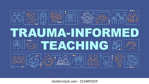 Trauma informed teaching word concepts dark blue banner. Education trend. Infographics with icons on color background. Isolated typography. Vector illustration with text. Arial-Black font used