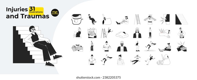 Trauma injured people black and white cartoon flat illustration bundle. Pain women, hurt men sad diverse 2D lineart characters isolated. Accident victims monochrome vector outline image collection