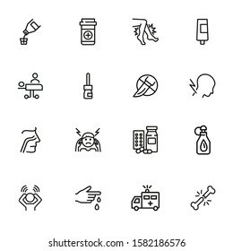 Trauma line icon set. Set of line icons on white background. Healthcare concept. Drug product, pain, surgery. Vector illustration can be used for topics like medicine, health, treatment