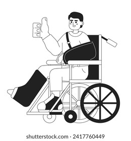 Recuperación de traumas actitud positiva caricatura en blanco y negro ilustración plana. Alegre muñeco de silla de ruedas envuelta en un carácter 2D lineal aislado. Imagen de vector de escena monocromática de rehabilitación de accidentes felices