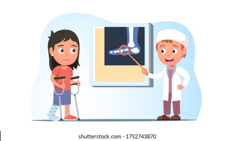 Trauma Surgeon Doctor Showing Injured Girl Kid Xray Image Of Foot Bone Fracture. Person With Plaster Cast On Broken Leg Stand Using Crutches. Health, Medicine & Traumatology. Flat Vector Illustration