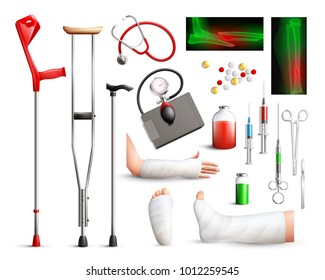 Trauma surgery realistic set with radiograph plastered limbs stick crutches surgical tools  on white background isolated vector illustration  