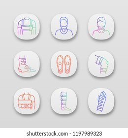 Trauma treatment app icons set. Rib belt, cervical collar, ankle and knee braces, insoles, shoulder immobilizer, shin support, wrist brace. UI/UX user interface. Vector isolated illustrations