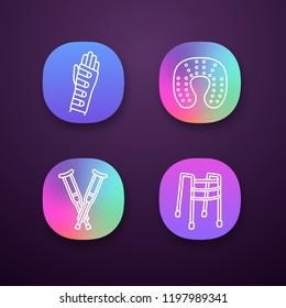 Trauma treatment app icons set. Wrist brace, neck pillow, axillary crutches, walker. UI/UX user interface. Web or mobile applications. Vector isolated illustrations