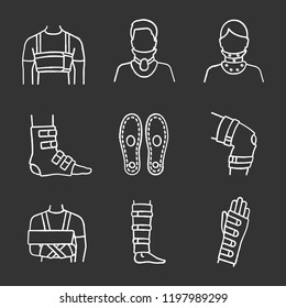 Trauma treatment chalk icons set. Rib belt, cervical collar, ankle and knee braces, insoles, shoulder immobilizer, shin support, wrist brace. Isolated vector chalkboard illustrations