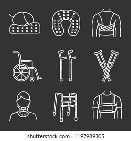 Trauma treatment chalk icons set. Posture corrector, neck orthopedic pillow, wheelchair, axillary and elbow crutches, cervical collar, walker, rib belt. Isolated vector chalkboard illustrations