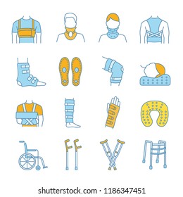 Trauma treatment color icons set. Orthopedic equipment. Braces and bandages, crutches. Injuries, broken legs and arms recovery. Mobility aid. Isolated vector illustrations