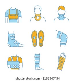 Trauma treatment color icons set. Rib belt, cervical collar, ankle and knee braces, insoles, shoulder immobilizer, shin support, wrist brace. Isolated vector illustrations svg