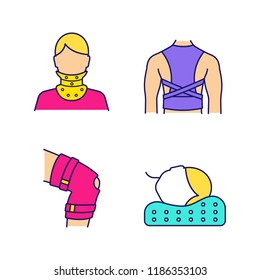 Trauma treatment color icons set. Cervical collar, posture corrector, knee brace, orthopedic pillow. Isolated vector illustrations