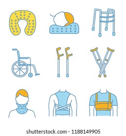 Trauma treatment color icons set. Posture corrector, neck orthopedic pillow, wheelchair, axillary and elbow crutches, cervical collar, walker, rib belt. Isolated vector illustrations