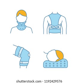 Trauma treatment color icons set. Cervical collar, posture corrector, knee brace, orthopedic pillow. Isolated vector illustrations