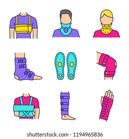 Trauma treatment color icons set. Rib belt, cervical collar, ankle and knee braces, insoles, shoulder immobilizer, shin support, wrist brace. Isolated vector illustrations