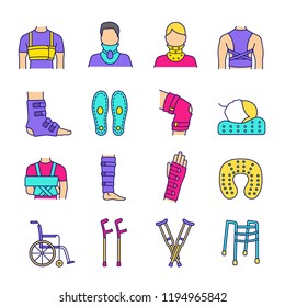 Trauma treatment color icons set. Orthopedic equipment. Braces and bandages, crutches. Injuries, broken legs and arms recovery. Mobility aid. Isolated vector illustrations