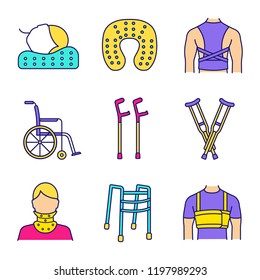 Trauma treatment color icons set. Posture corrector, neck orthopedic pillow, wheelchair, axillary and elbow crutches, cervical collar, walker, rib belt. Isolated vector illustrations