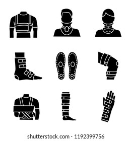 Trauma treatment glyph icons set. Rib belt, cervical collar, ankle and knee braces, insoles, shoulder immobilizer, shin support, wrist brace. Silhouette symbols. Vector isolated illustration