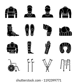 Trauma treatment glyph icons set. Orthopedic equipment. Braces and bandages, crutches. Injuries, broken legs and arms recovery. Mobility aid. Silhouette symbols. Vector isolated illustration