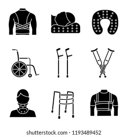 Trauma treatment glyph icons set. Posture corrector, neck orthopedic pillow, wheelchair, axillary, elbow crutches, cervical collar, walker, rib belt. Silhouette symbols. Vector isolated illustration