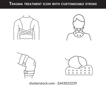 Trauma treatment icon set, backpain, knee pain, neck pain, customizable stroke, vector, illustration