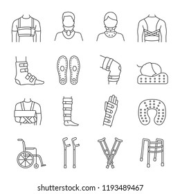 Trauma treatment linear icons set. Orthopedic equipment. Braces and bandages, crutches. Injuries, broken legs and arms recovery. Mobility aid. Isolated vector outline illustrations. Editable stroke