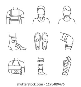 Trauma treatment linear icons set. Rib belt, cervical collar, ankle and knee braces, insoles, shoulder immobilizer, shin support, wrist brace. Isolated vector outline illustrations. Editable stroke