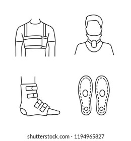 Trauma treatment linear icons set. Surgical men’s rib belt, cervical collar, foot ankle brace, orthopedic insoles. Thin line contour symbols. Isolated vector outline illustrations. Editable stroke svg