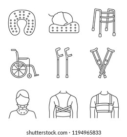 Trauma treatment linear icons set. Posture corrector, neck pillow, wheelchair, axillary, elbow crutches, cervical collar, walker, rib belt. Isolated vector outline illustrations. Editable stroke svg