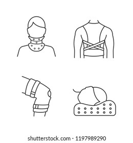 Trauma treatment linear icons set. Cervical collar, posture corrector, knee brace, orthopedic pillow. Thin line contour symbols. Isolated vector outline illustrations. Editable stroke