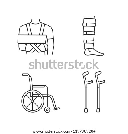 Trauma treatment linear icons set. Shoulder immobilizer, shin brace, wheelchair, elbow crutches. Thin line contour symbols. Isolated vector outline illustrations. Editable stroke