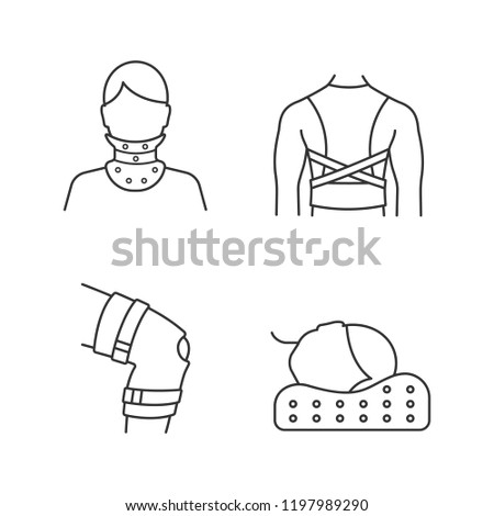 Trauma treatment linear icons set. Cervical collar, posture corrector, knee brace, orthopedic pillow. Thin line contour symbols. Isolated vector outline illustrations. Editable stroke