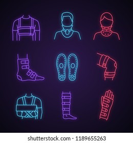 Trauma treatment neon light icons set. Rib belt, cervical collar, ankle and knee braces, insoles, shoulder immobilizer, shin support, wrist brace. Glowing signs. Vector isolated illustrations