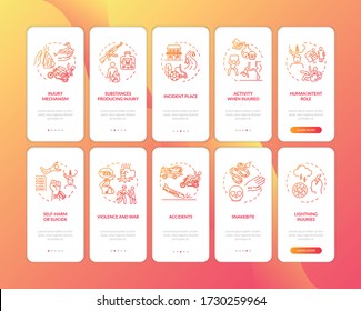 Traumatypen und Ursachen auf dem mobilen App-Bildschirm mit festgelegten Konzepten. Hauptfaktoren des Traumatismus: 5 Stufen grafische Anleitung. Benutzeroberflächenvektorvorlage mit RGB-Farbabbildungen