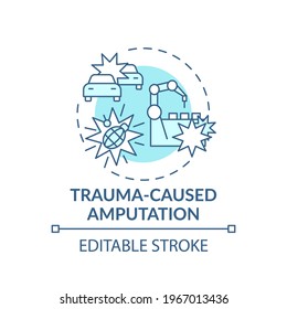 Trauma-caused amputation concept icon. Amputation cause idea thin line illustration. Power tools, firearms. Musculoskeletal system injury. Vector isolated outline RGB color drawing. Editable stroke